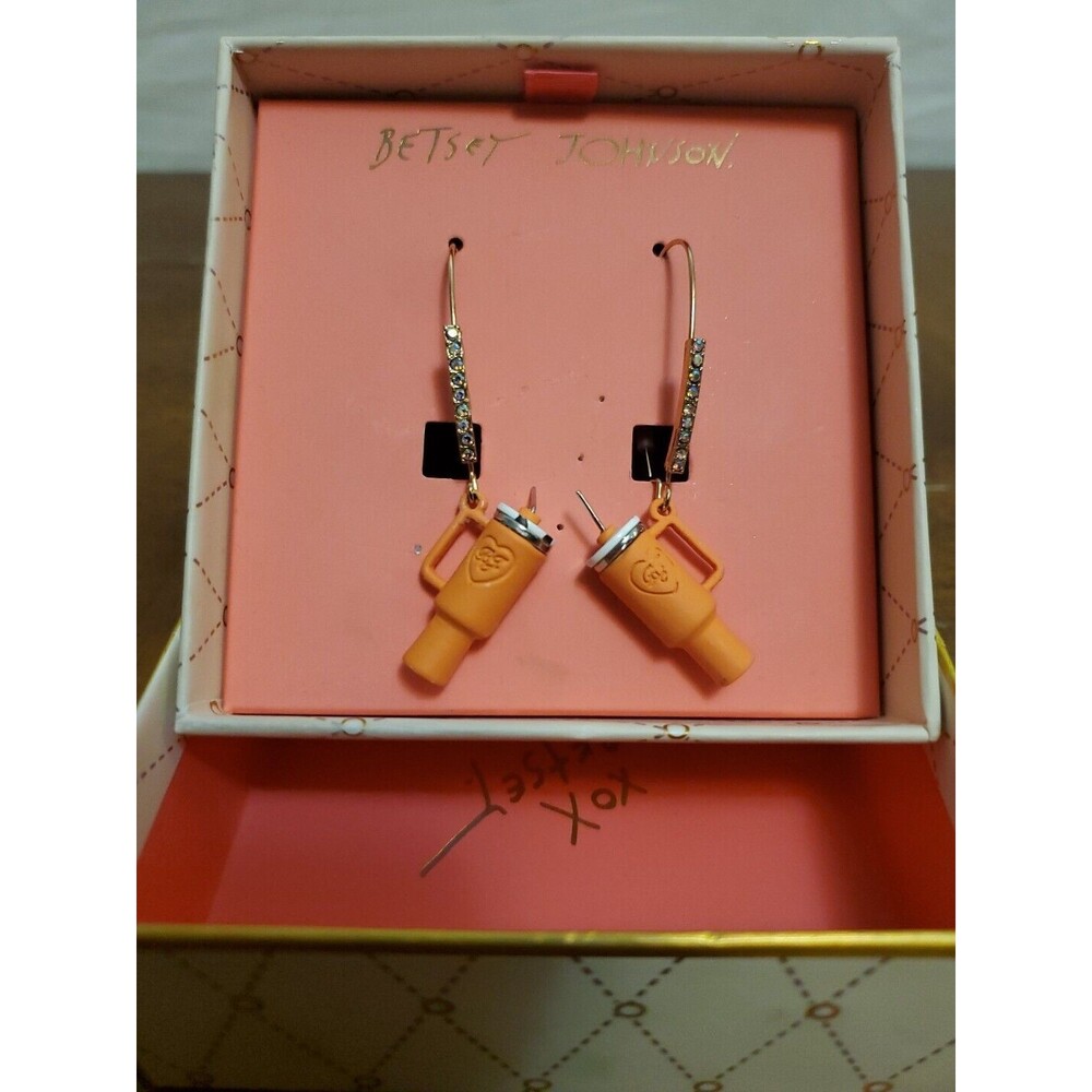 Betsey Johnson Drop Dangle Earrings Orange Drinking Cup Tumblers NWT 859-PMTT